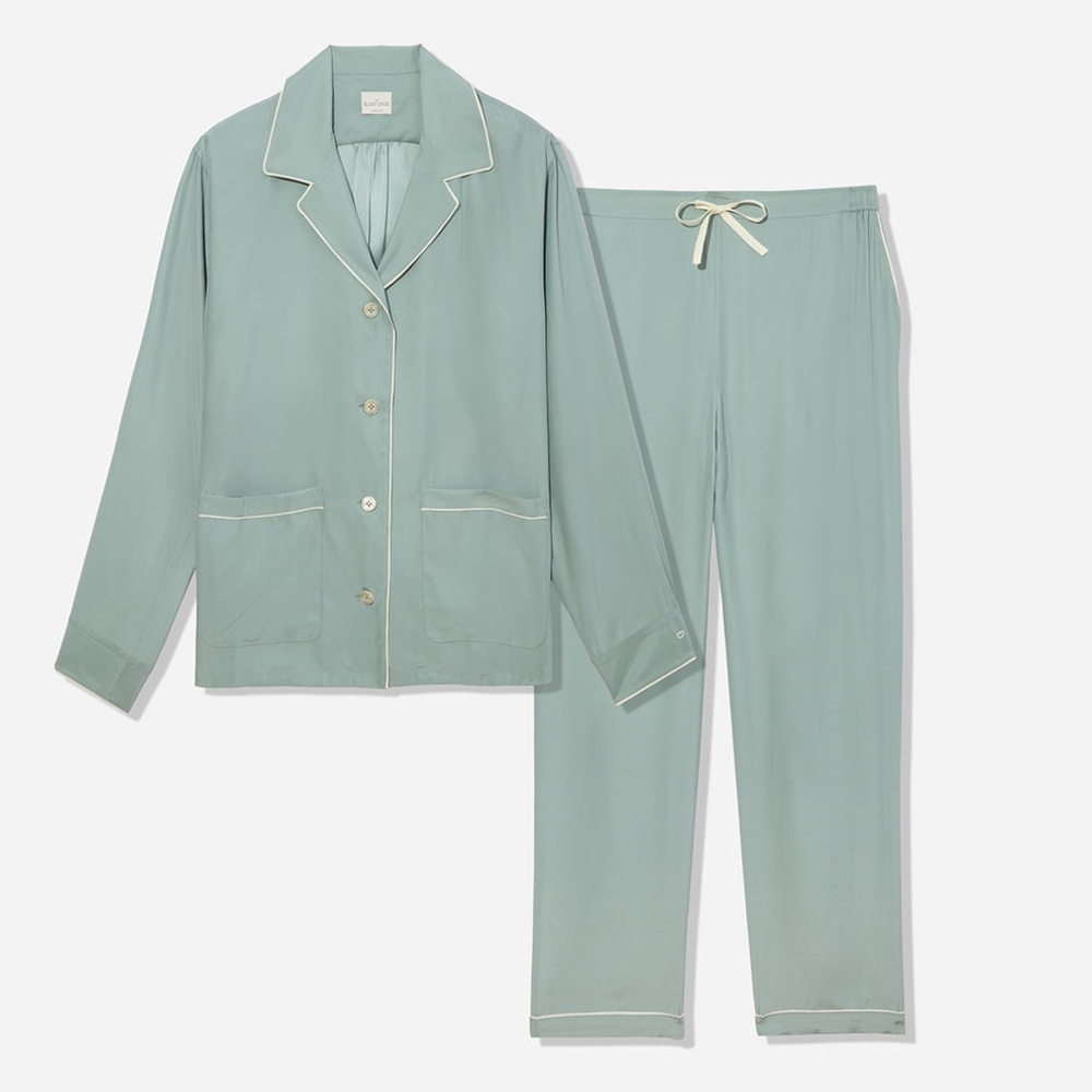 WASHABLE SILK LONG PJ SET - Green Pajama Set with White Trim